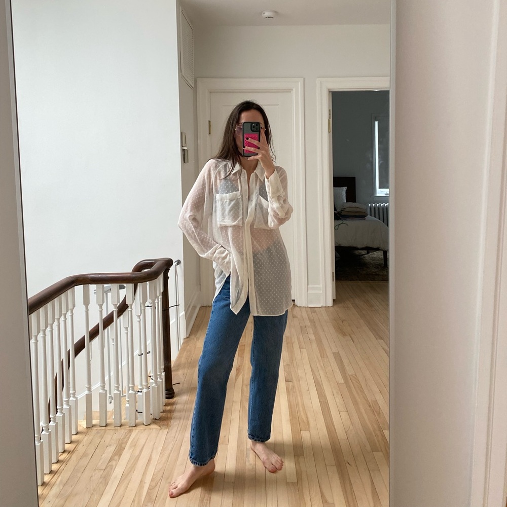 Textured White polka dot sheer long Blouse top